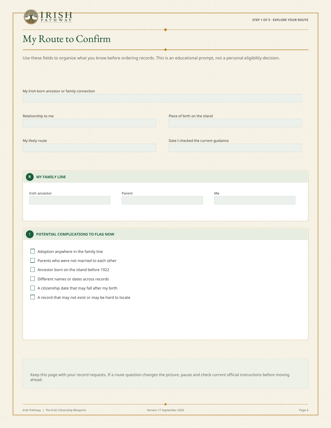 Irish Citizenship Blueprint fillable route worksheet in the Irish Pathway FBR guide design system