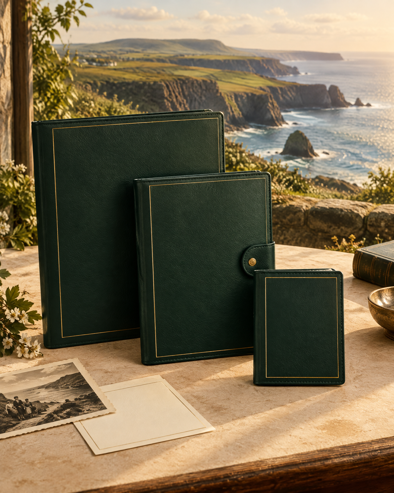 Three organized green document folios beside an Irish coastal view