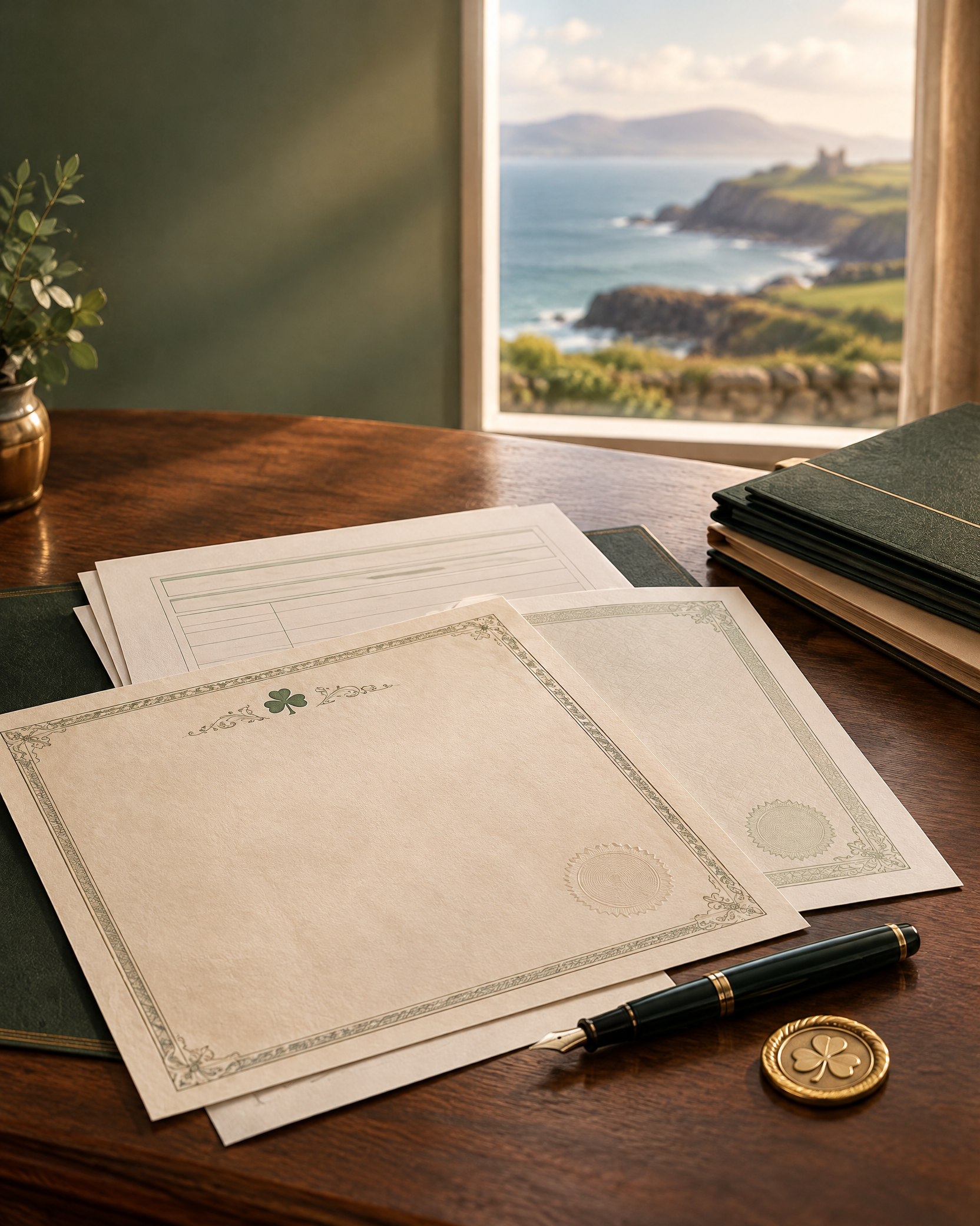 Organized paperwork and a fountain pen beside an Irish coastal view
