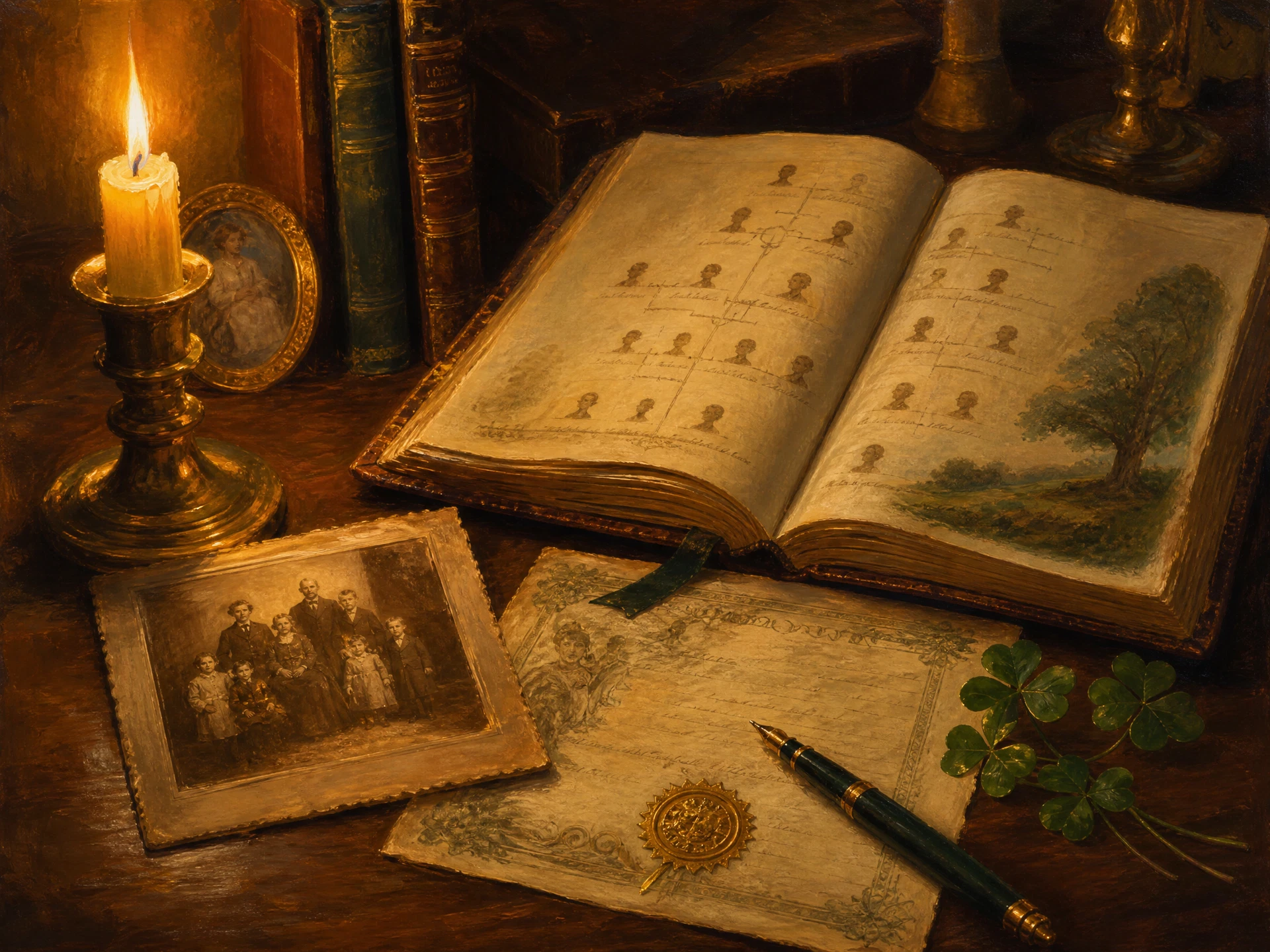 A writing desk with an open family record book, a vintage birth certificate, an old family photograph, and a sprig of shamrock in warm candlelight