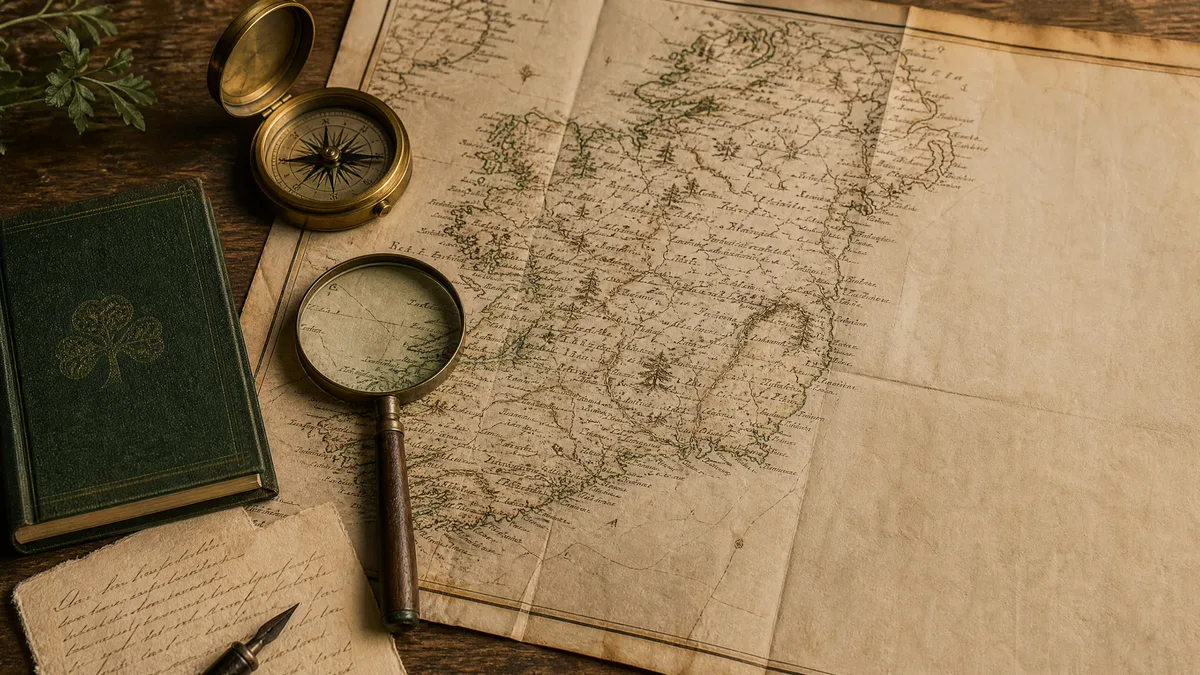 An archival-style map of Ireland with a brass compass, magnifying glass, and a green family-history record book