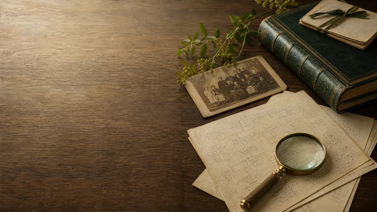 An archival family photograph, family-tree notes, and a genealogy ledger on a dark wood table