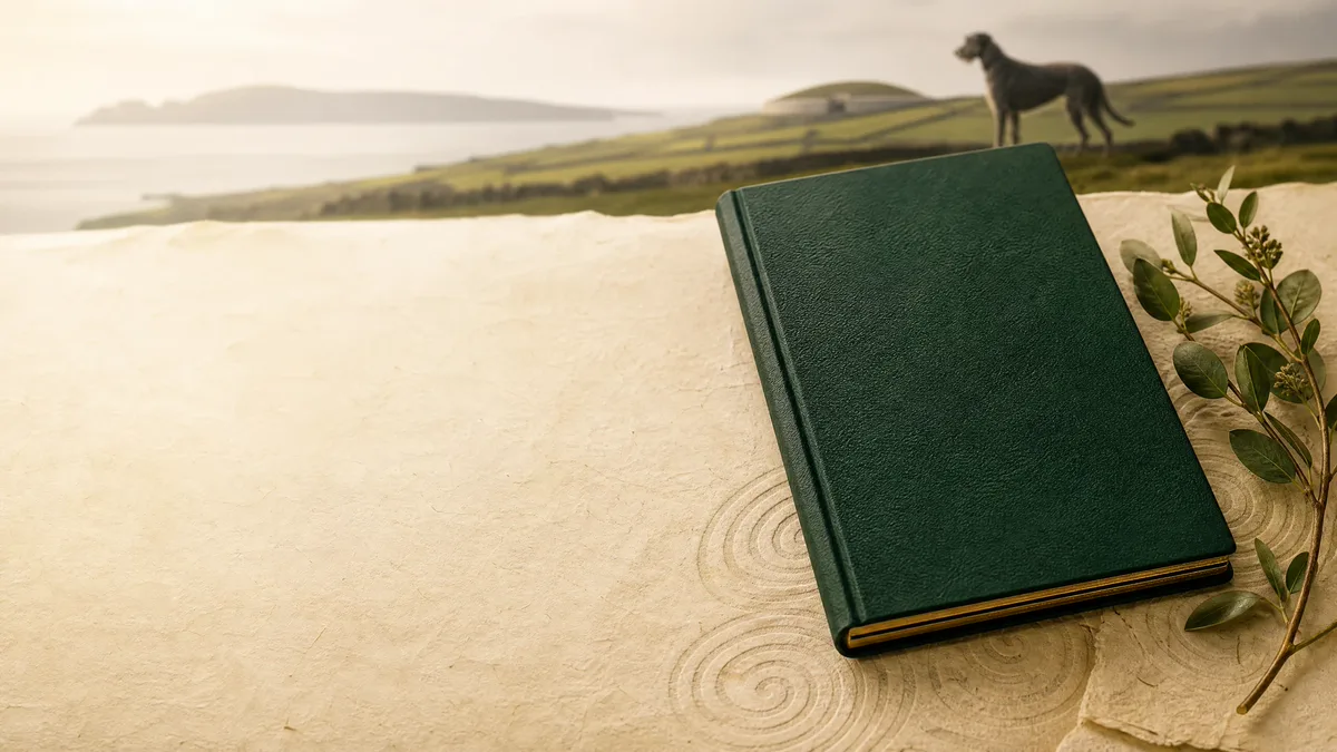 A green travel document on parchment beside Irish botanical motifs and a distant Irish landscape