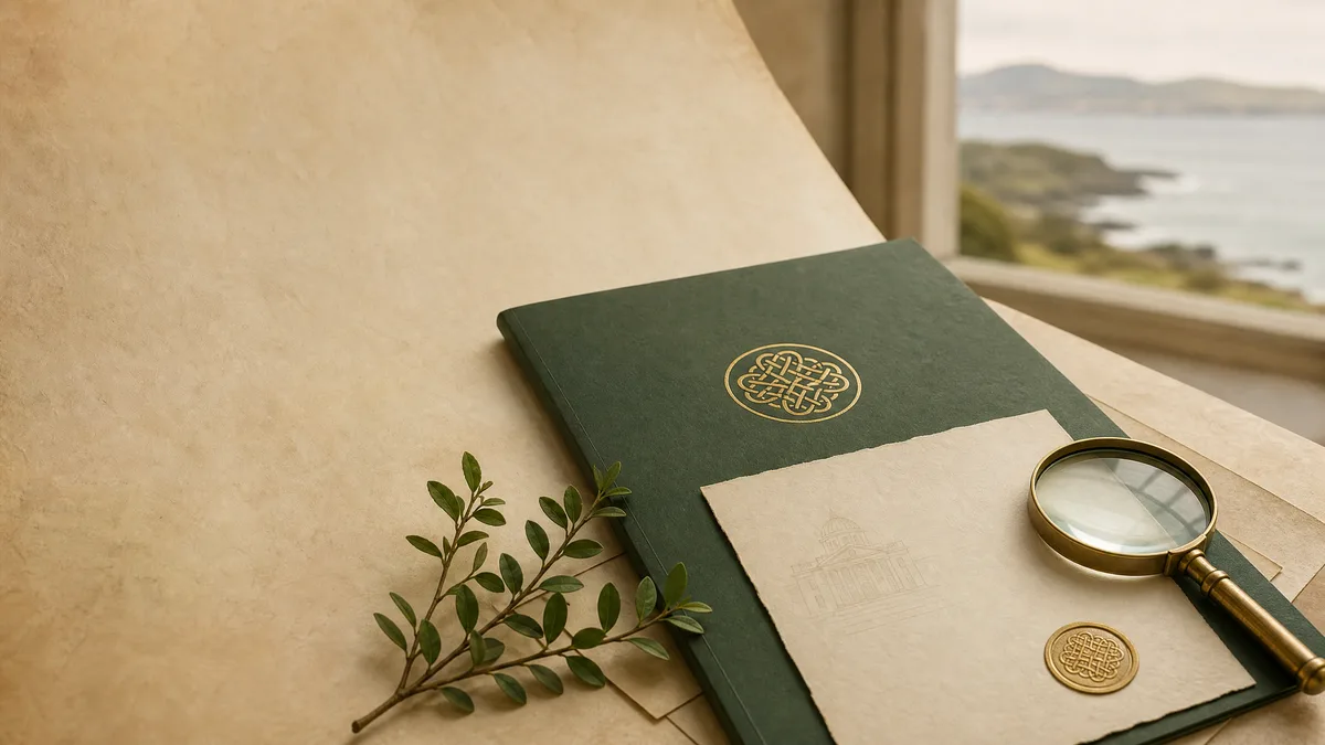 Irish Pathway editorial still life with a deep green folder, parchment policy paper, brass magnifying glass, and a soft Irish coastline